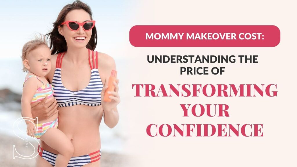 Mommy makeover cost. Sexy woman who had a mommy makeover carrying a child.
