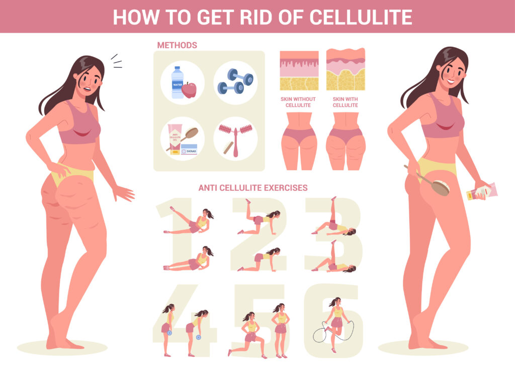 How to get ride of cellulite instruction. Beauty tips for smooth skin. Beautiful woman with massage brush and anti-cellulite cream. Dry brushing, diet and exercises. Isolated vector illustration