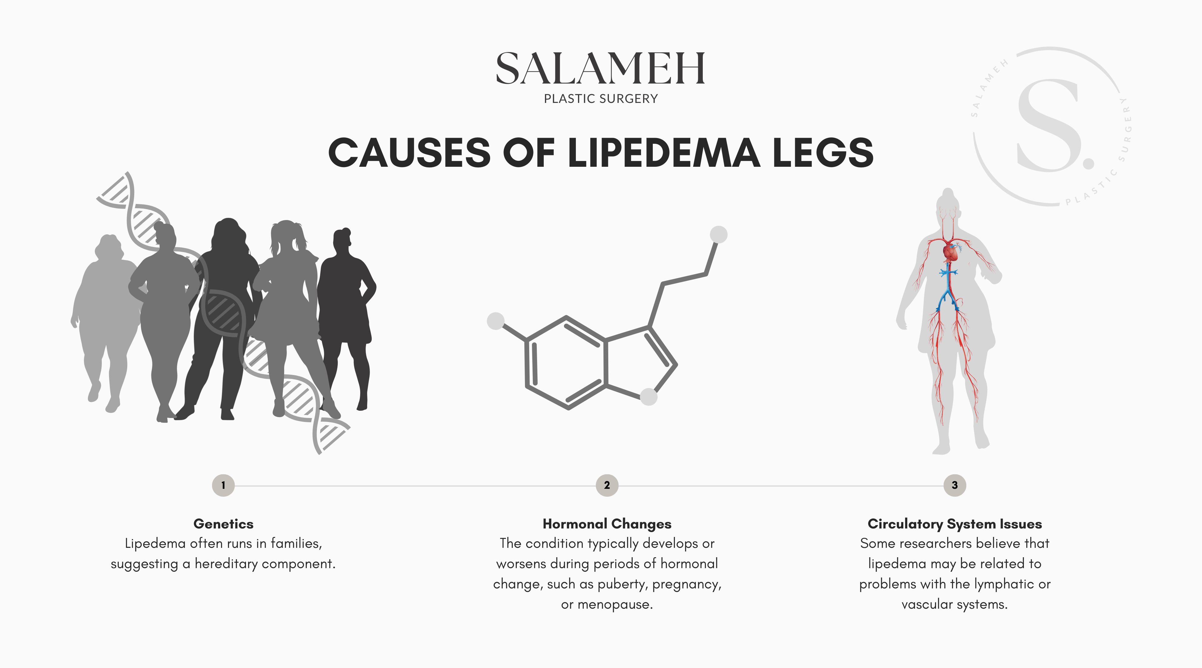 Illustration showing the causes of lipedema legs. Mostly it shows genetics, hormonal changes, and circulatory system issues.